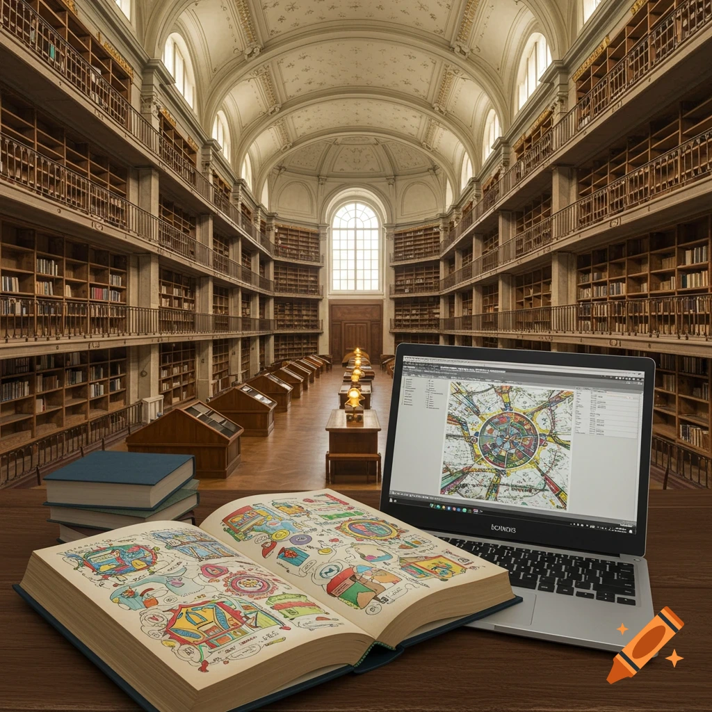 An open book and laptop on a table in a large library with tall bookshelves.