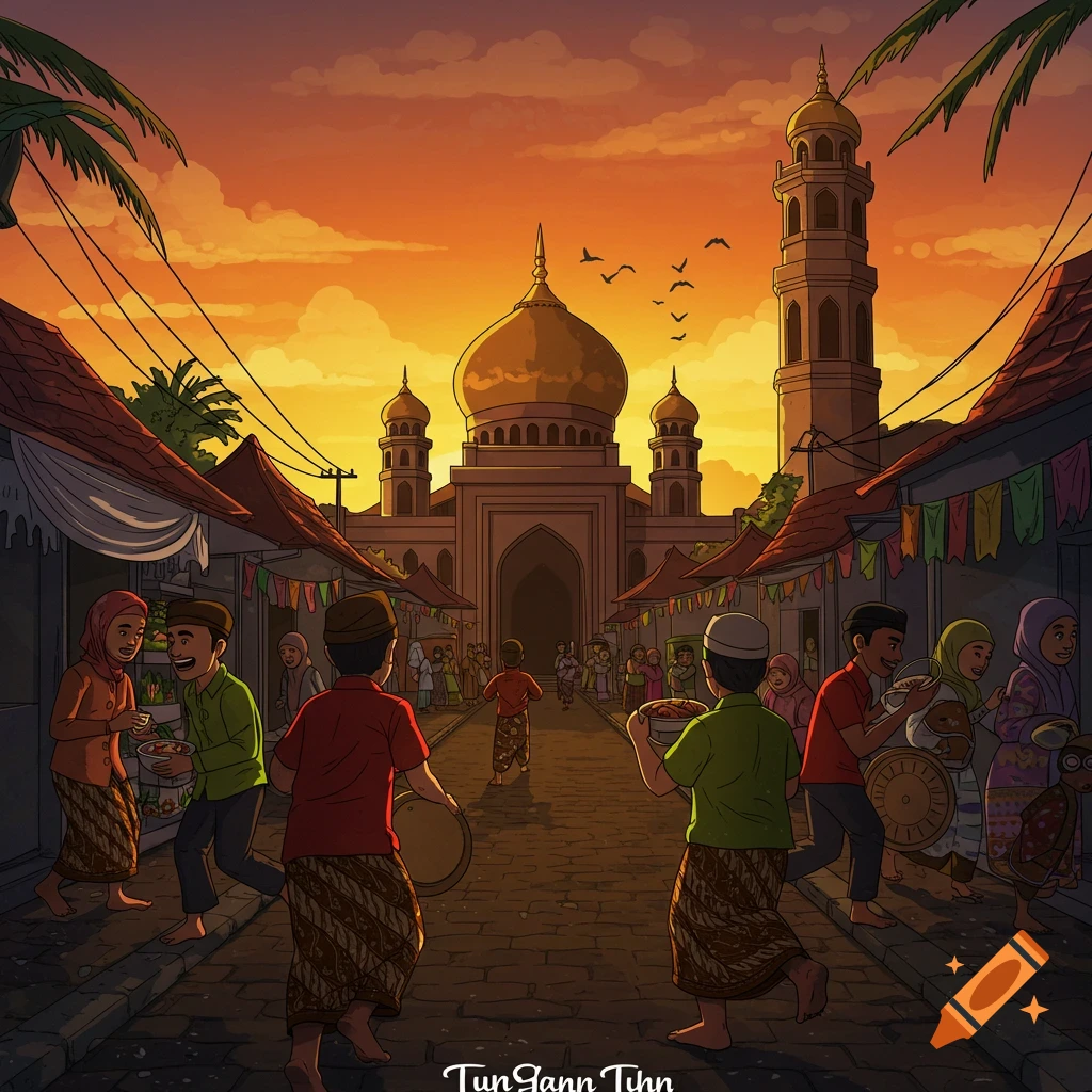 Illustration of people celebrating in a village street towards a mosque during sunset.