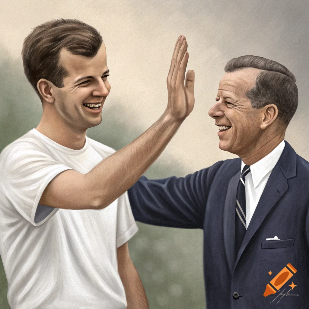 Lee Harvey Oswald high-fiving President John F. Kennedy. Both men are smiling.