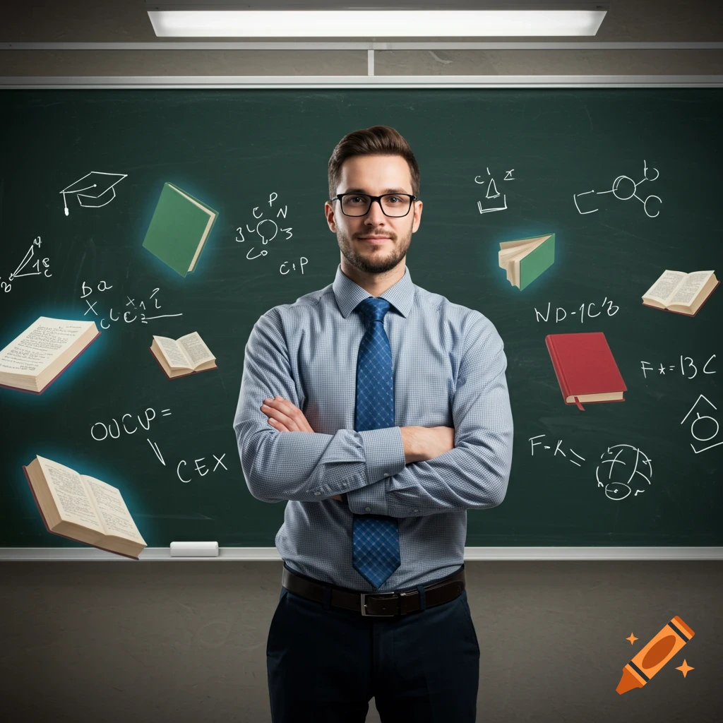 A male teacher stands in front of a blackboard with floating books and equations.