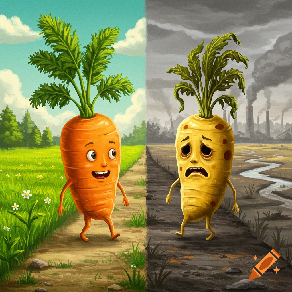 Cartoon contrast of a healthy carrot in a field and a sad root in pollution.