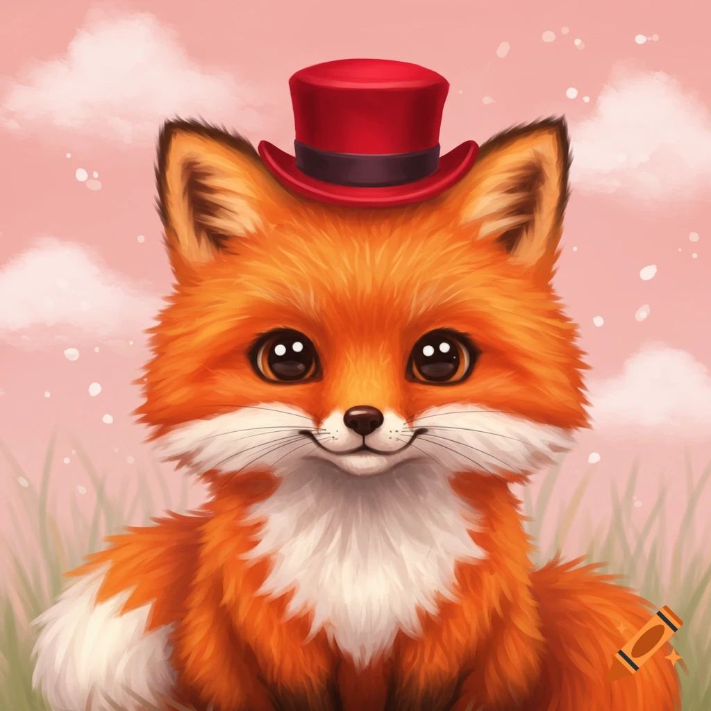 A cute fox wearing a red top hat in a grassy field with a pink sky.