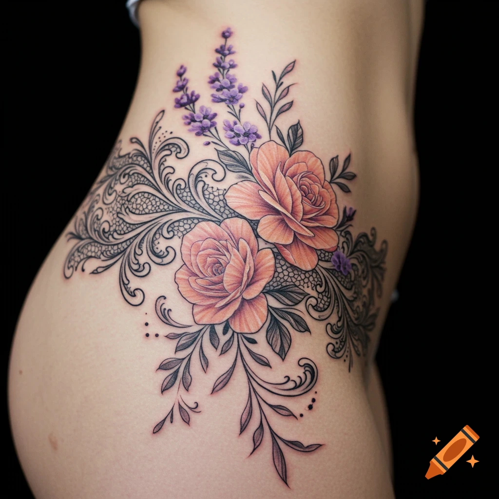 Detailed floral and filigree tattoo with pink roses and purple flowers on a hip.