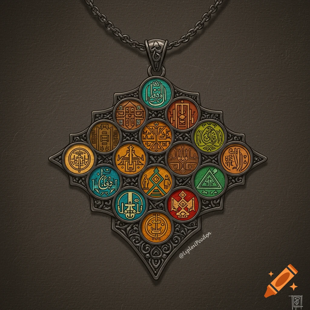 Detailed pendant necklace with colorful patterned medallions on a dark background