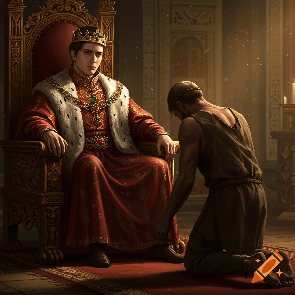 A king sits on a throne while a person in rags kneels before him in a grand room.