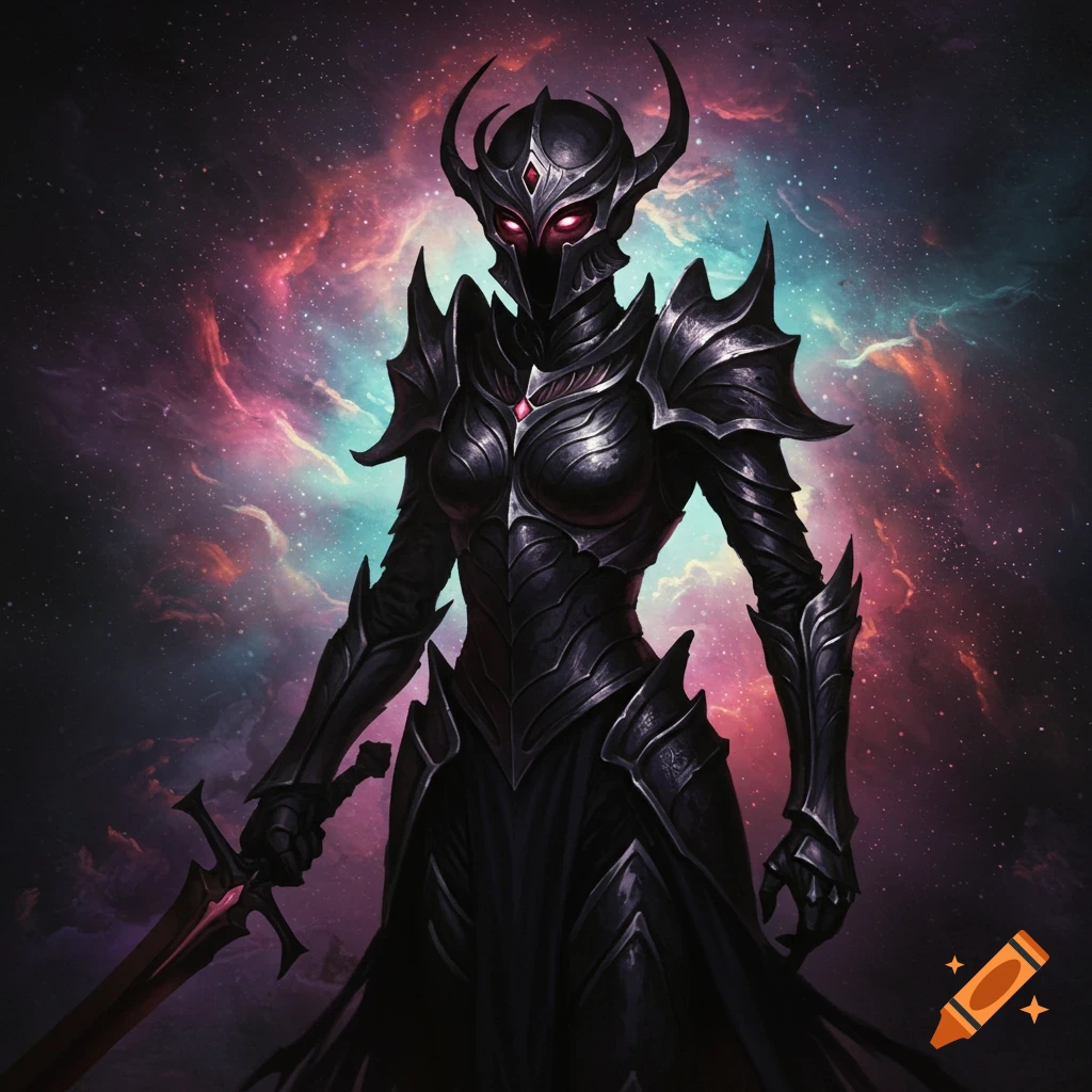 A dark armored figure with a sword against a vibrant nebula background.