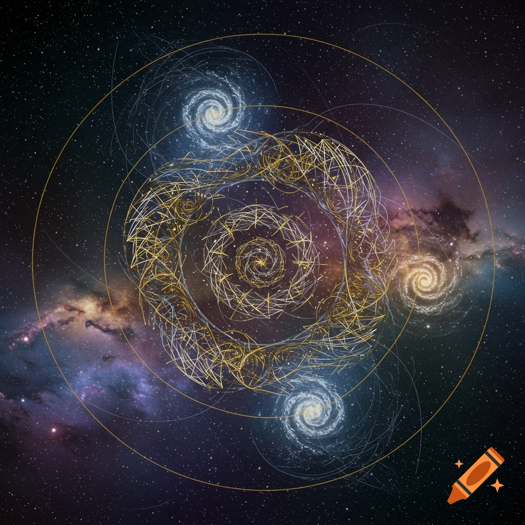 Symbolic artwork in space with spiral patterns and galaxies