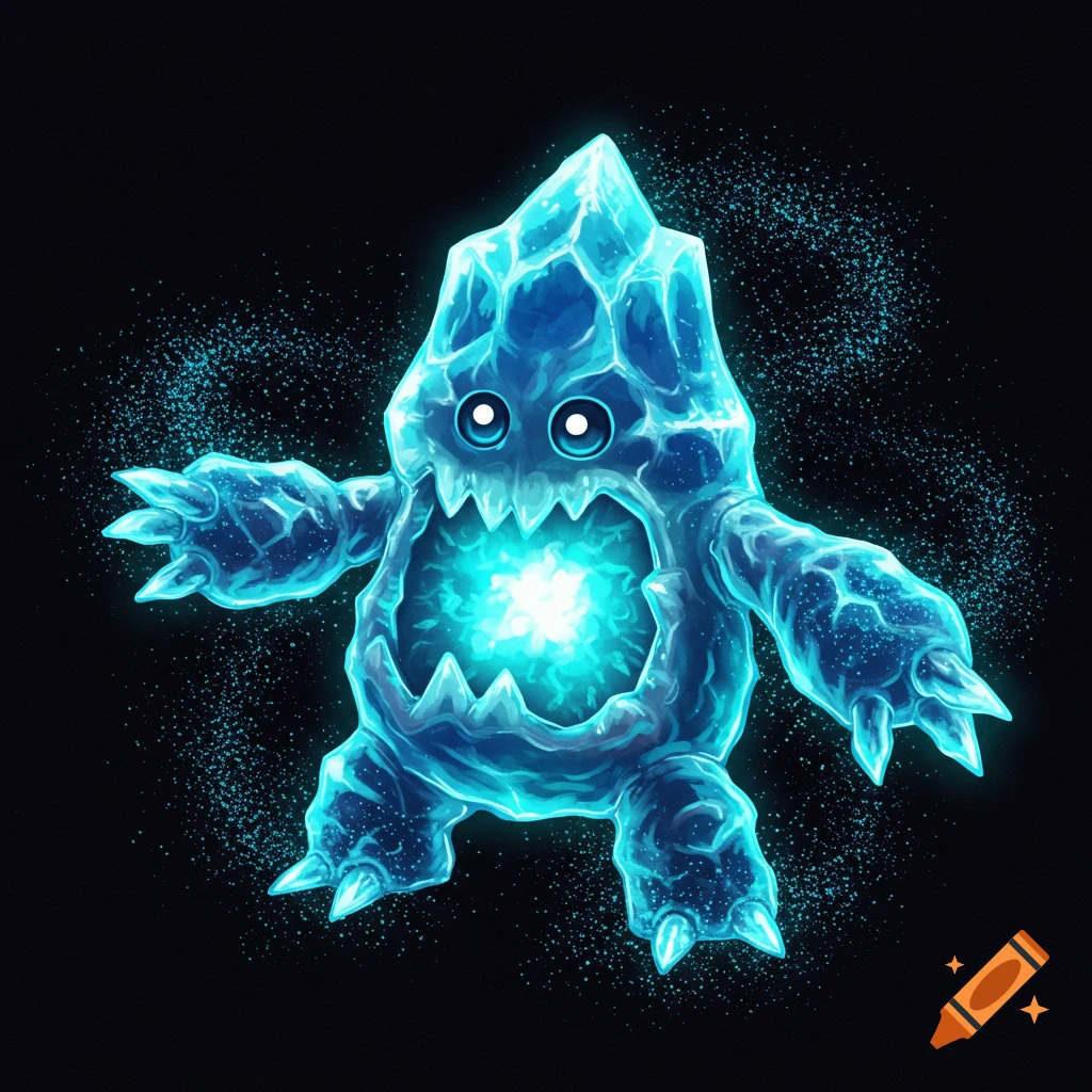 A monster made of blue ice and crystal with glowing eyes and a mouth, standing on a black background.