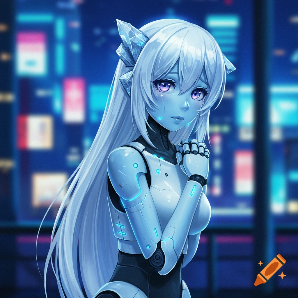 Anime robot girl with crystal hair in a cyberpunk city at night.