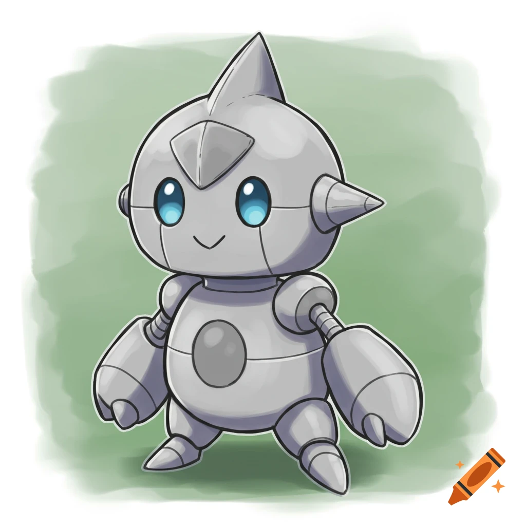 Cute grey cartoon robot character (Pokemon) with blue eyes against a green background.