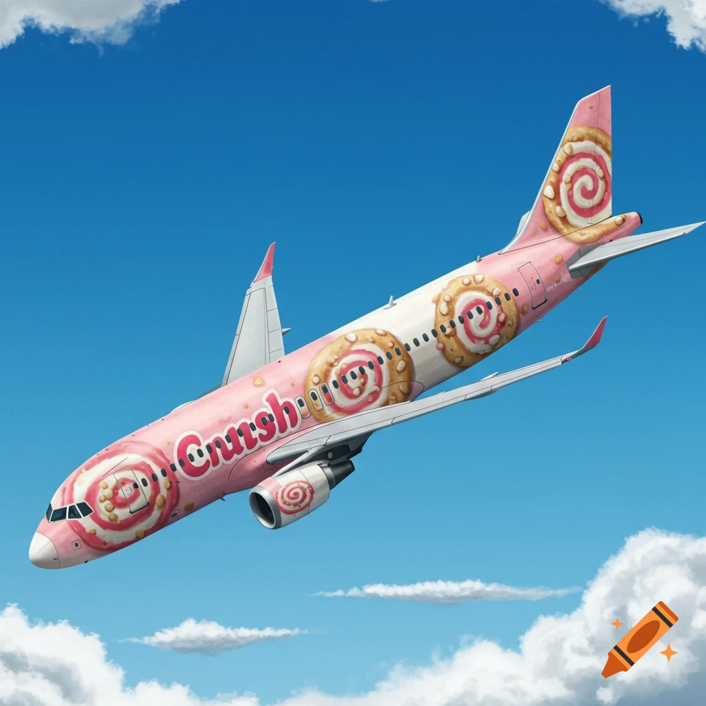 A pink and white airplane with cookie designs on the fuselage, tail, and engines, flying through a blue sky with white clouds.