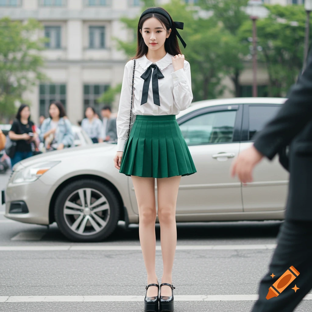 Young woman in a white shirt, green pleated skirt, and black platform shoes standing in a street.