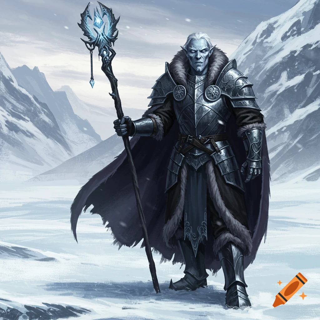 A fantasy character in dark armor holding a staff in a snowy mountain setting.