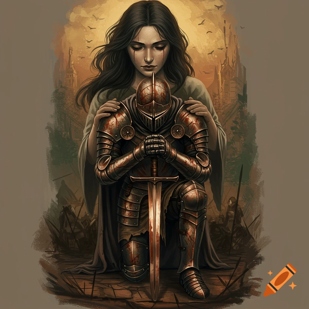 A kneeling knight in bloody armor holds a sword while a woman comforts him from behind.