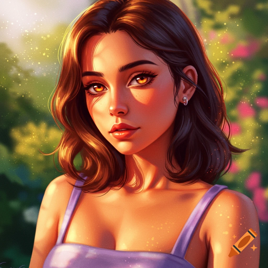 Portrait of a young woman with orange eyes and brown hair, wearing a purple top, in a sunny outdoor setting.