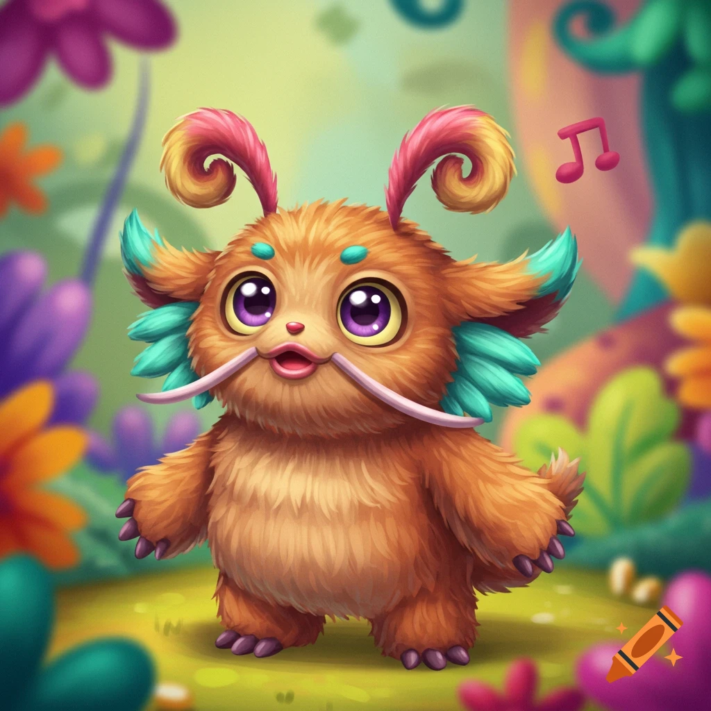 A cute orange furry fantasy monster with large purple eyes, pink/yellow antennae, teal ear tufts, and whiskers, standing in a colorful forest with a musical note.