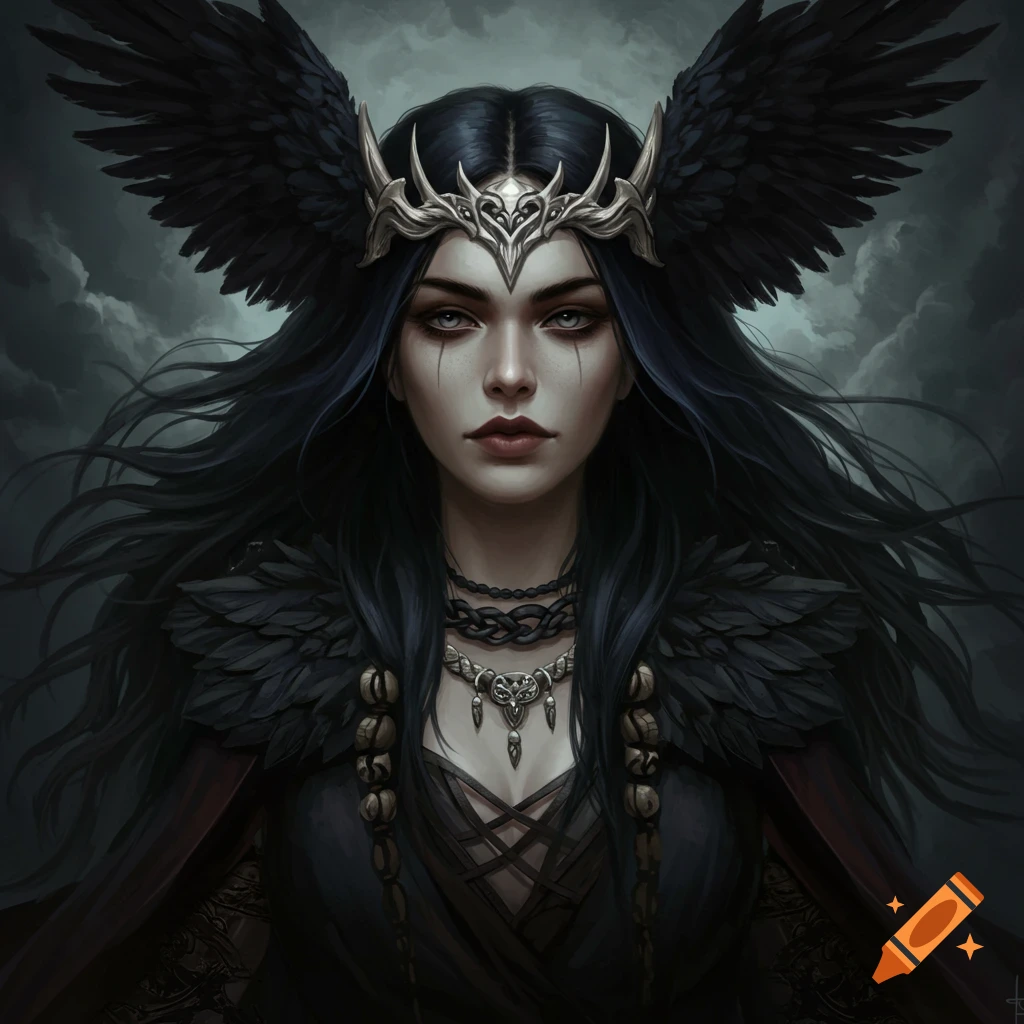 A dark fantasy woman with black wings and crown