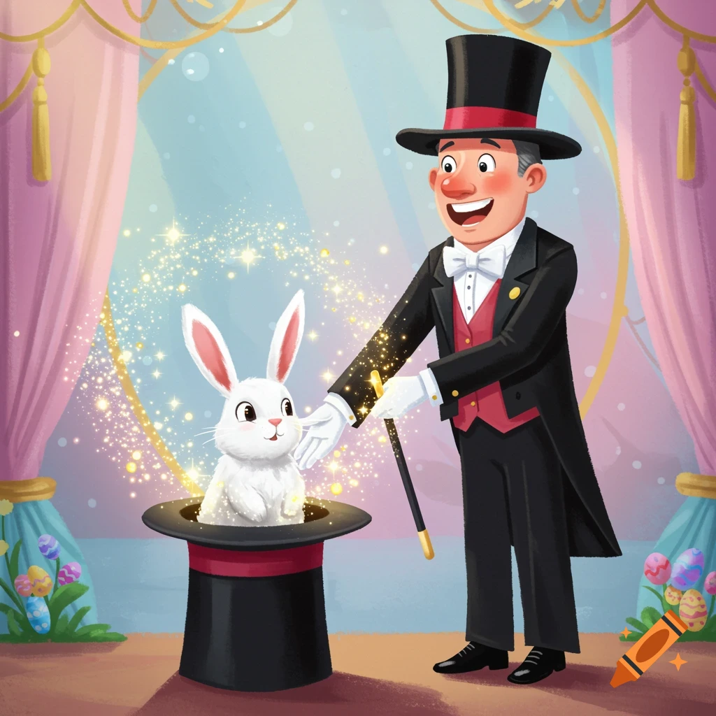 Illustration of a magician pulling a white rabbit from a top hat on stage, with Easter eggs in the background.