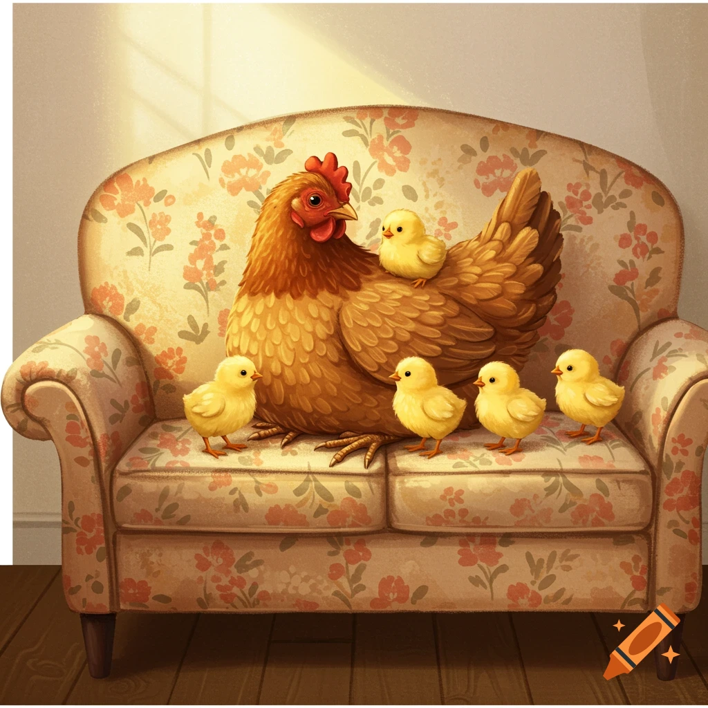 A mother hen sits on a floral sofa with several yellow chicks.