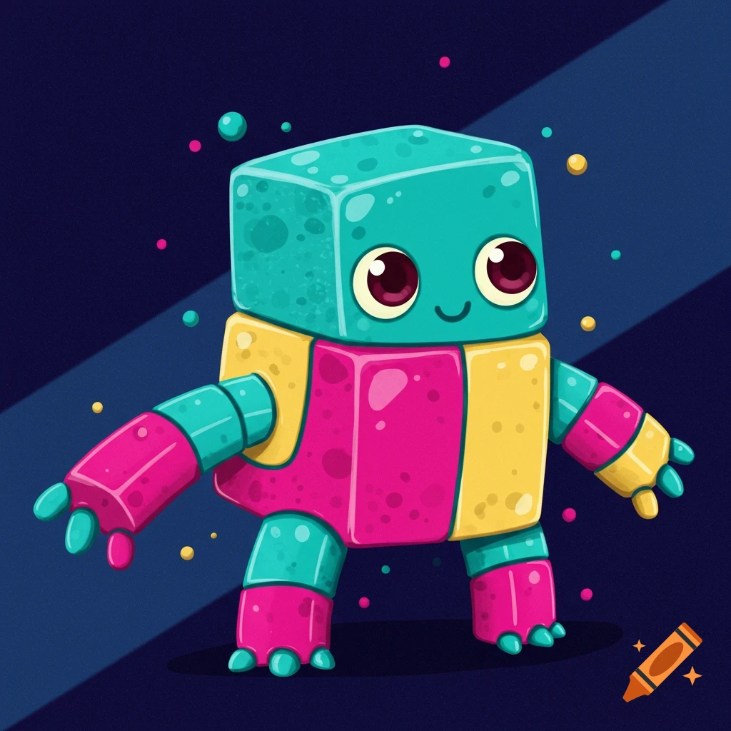 Colorful blocky cartoon robot on a dark background