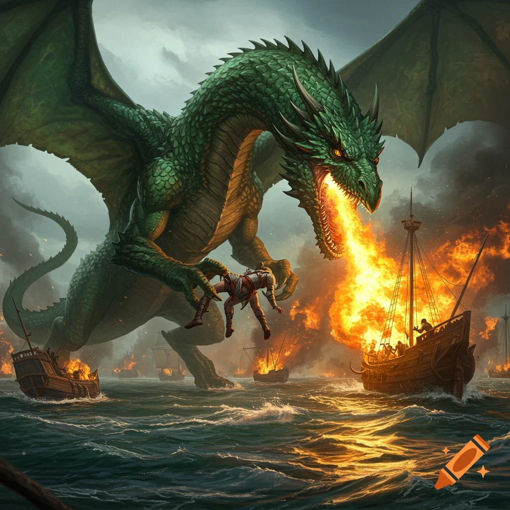 A giant green dragon breathing fire on sailing ships during a stormy sea battle, holding a human.