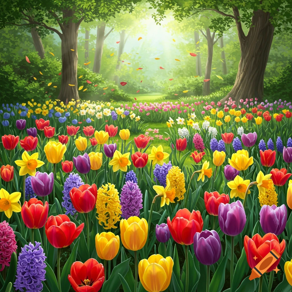 A vibrant spring garden with colorful tulips, daffodils, and hyacinths, under sun-dappled trees.