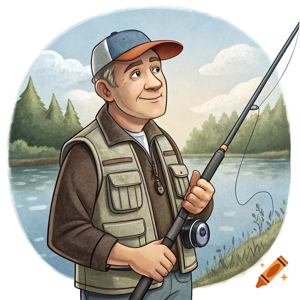 Illustration of a man in a fishing vest and cap fishing by a lake.