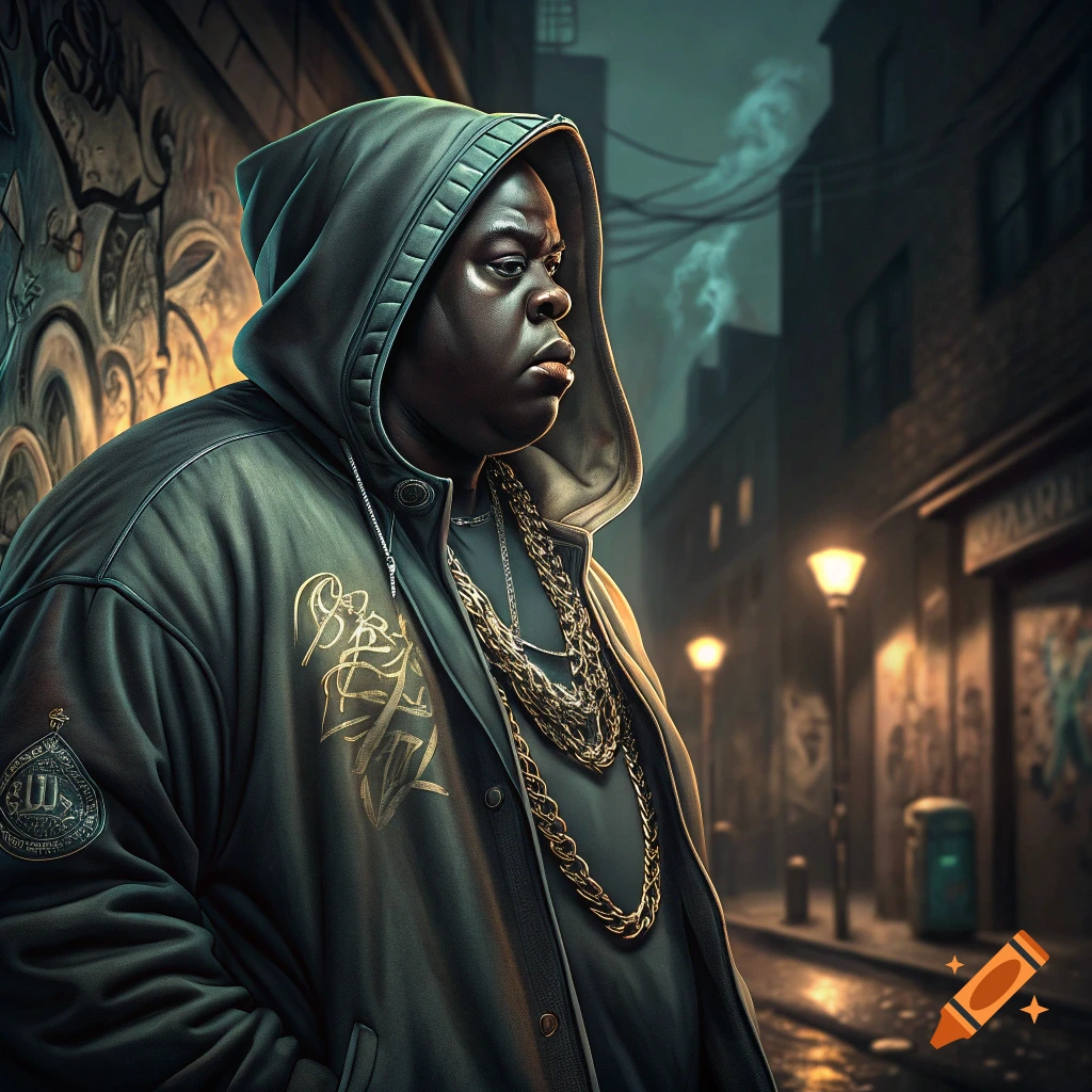 A stylized portrait of a person in a hoodie and chains in a dark urban alley.