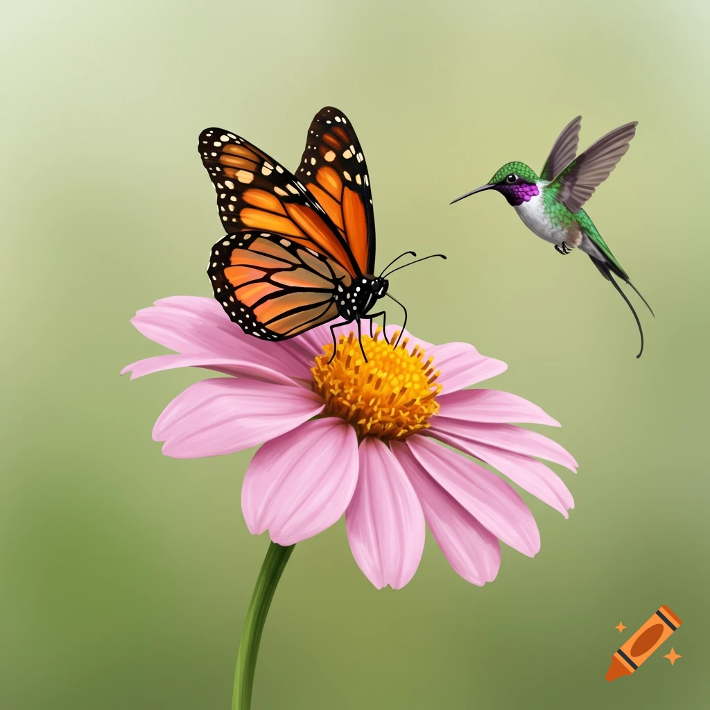 A monarch butterfly is on a pink flower, with a hummingbird hovering nearby.