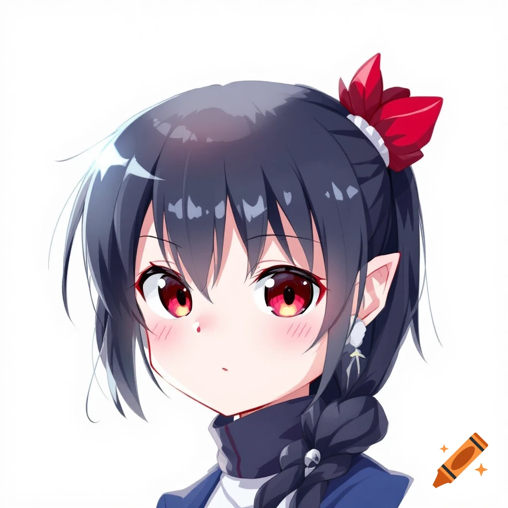 Anime portrait of a dark-haired girl with red eyes and pointed ears.
