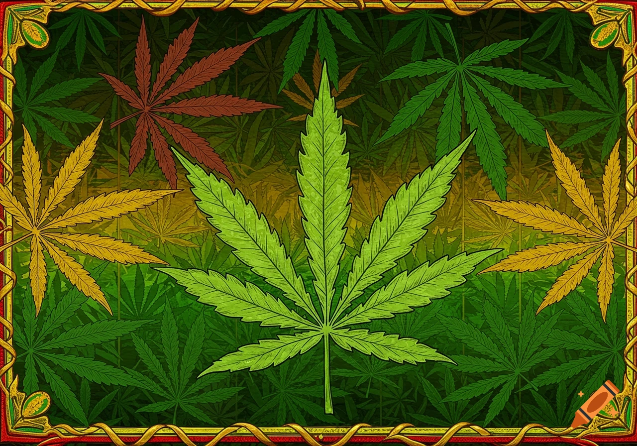 Decorative image of multi-colored cannabis leaves within a border with Rastafarian colors and patterns.