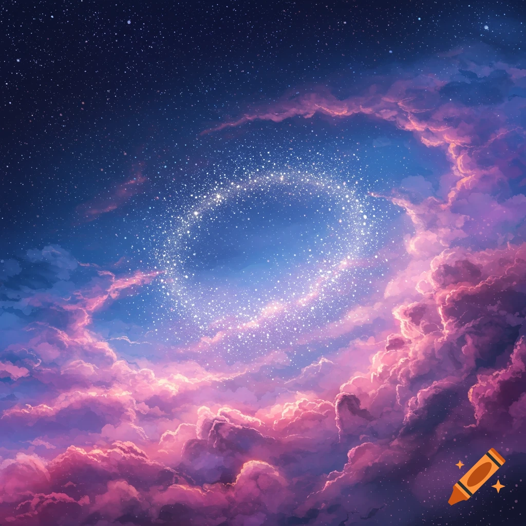 night sky with pink clouds and an oval of bright stars