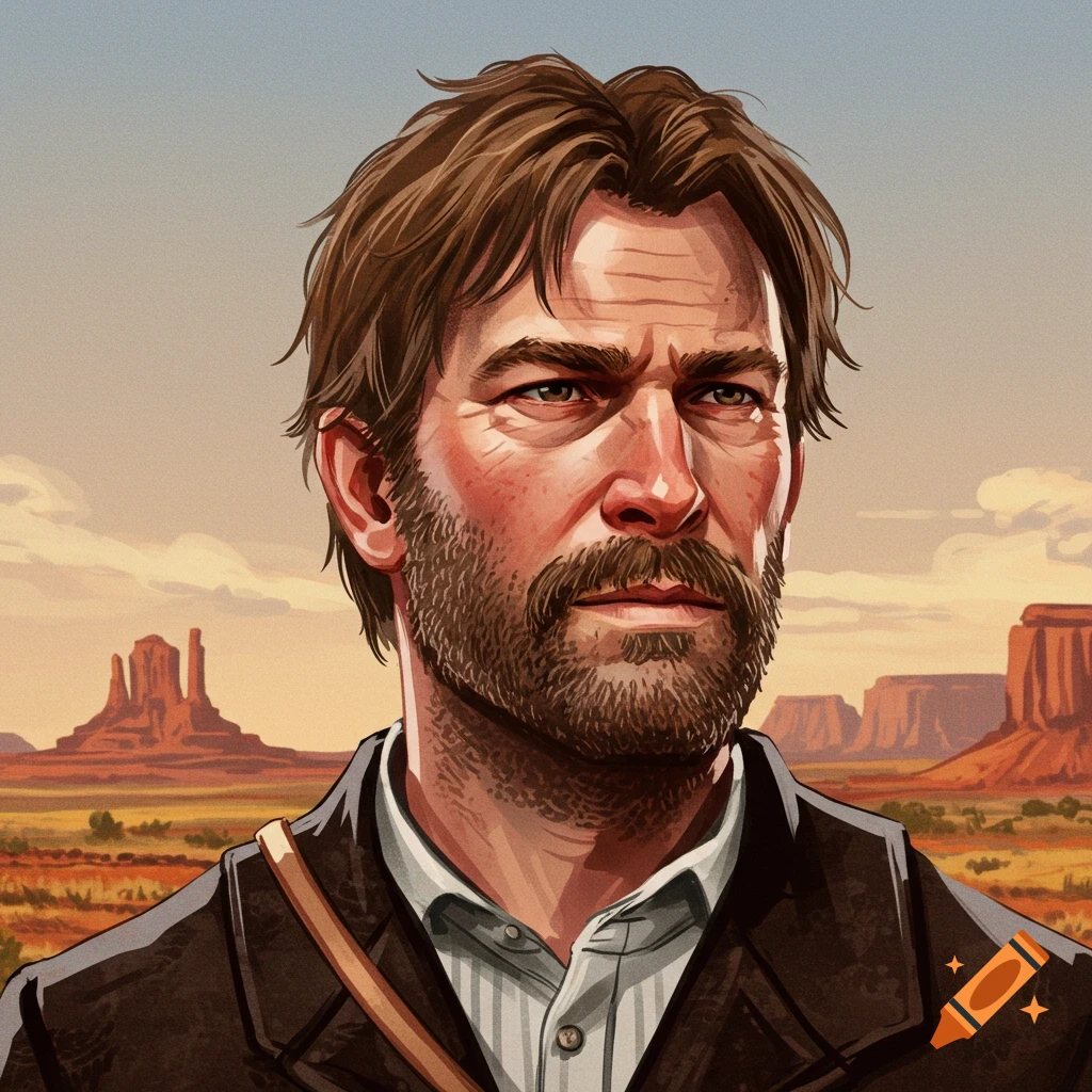 portrait of Arthur Morgan with Western landscape