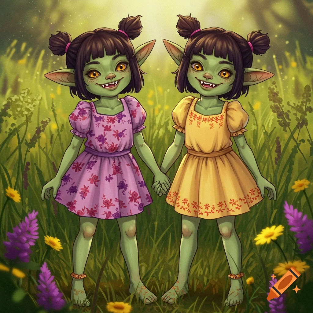 Whimsical illustration of twin goblin girls in sundresses standing in a meadow with wildflowers.