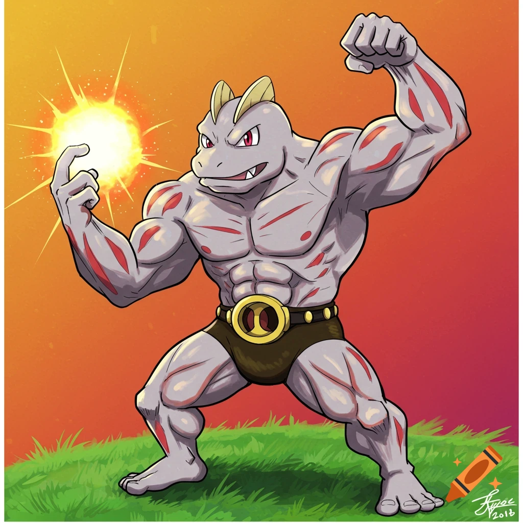 Muscular creature like Machamp flexing and holding a glowing orb in a cartoon illustration.