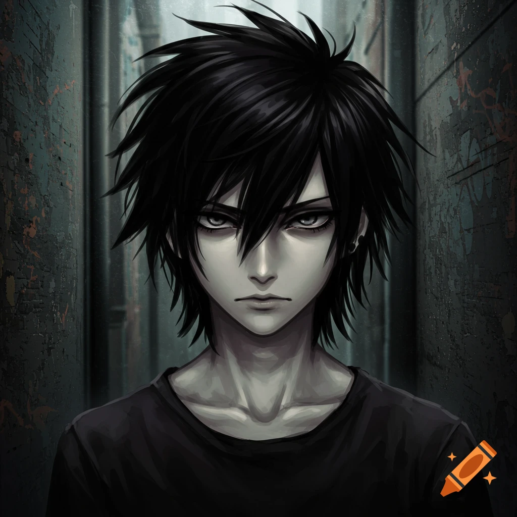 Anime portrait of an emo grunge boy with black hair and silver eyes.