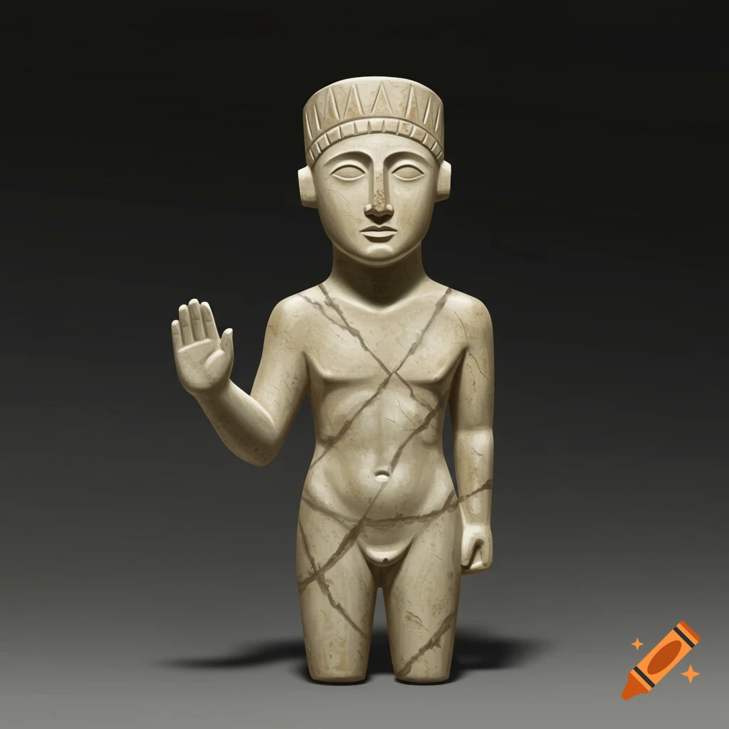 A minimalist ancient marble statue of a figure with a crown and outstretched hand.