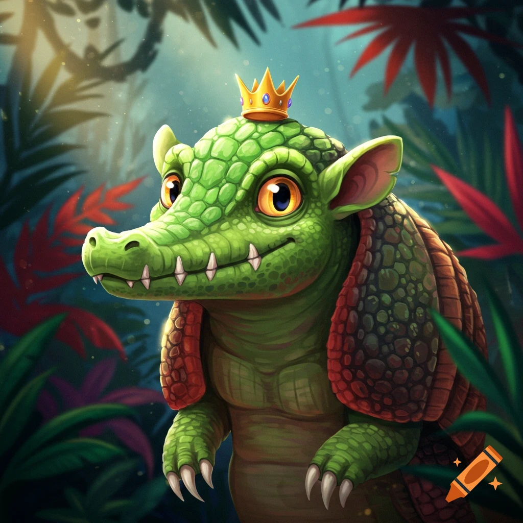 Cute green cartoon crocodile wearing a crown and armadillo shell in a jungle.
