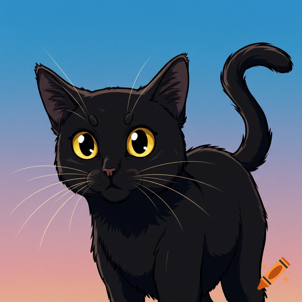 A black cat with large yellow eyes rendered in a 90s anime style against a gradient sky background.