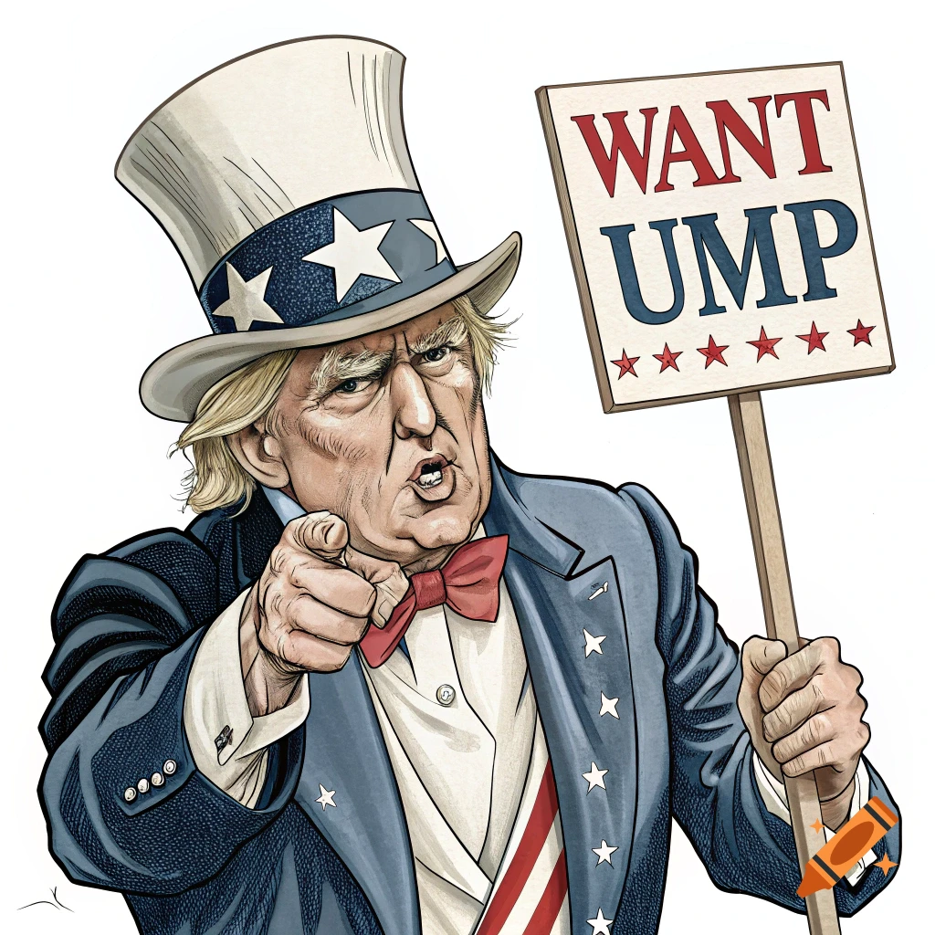 Caricature of Donald Trump as Uncle Sam pointing and holding a sign saying 'WANT UMP'