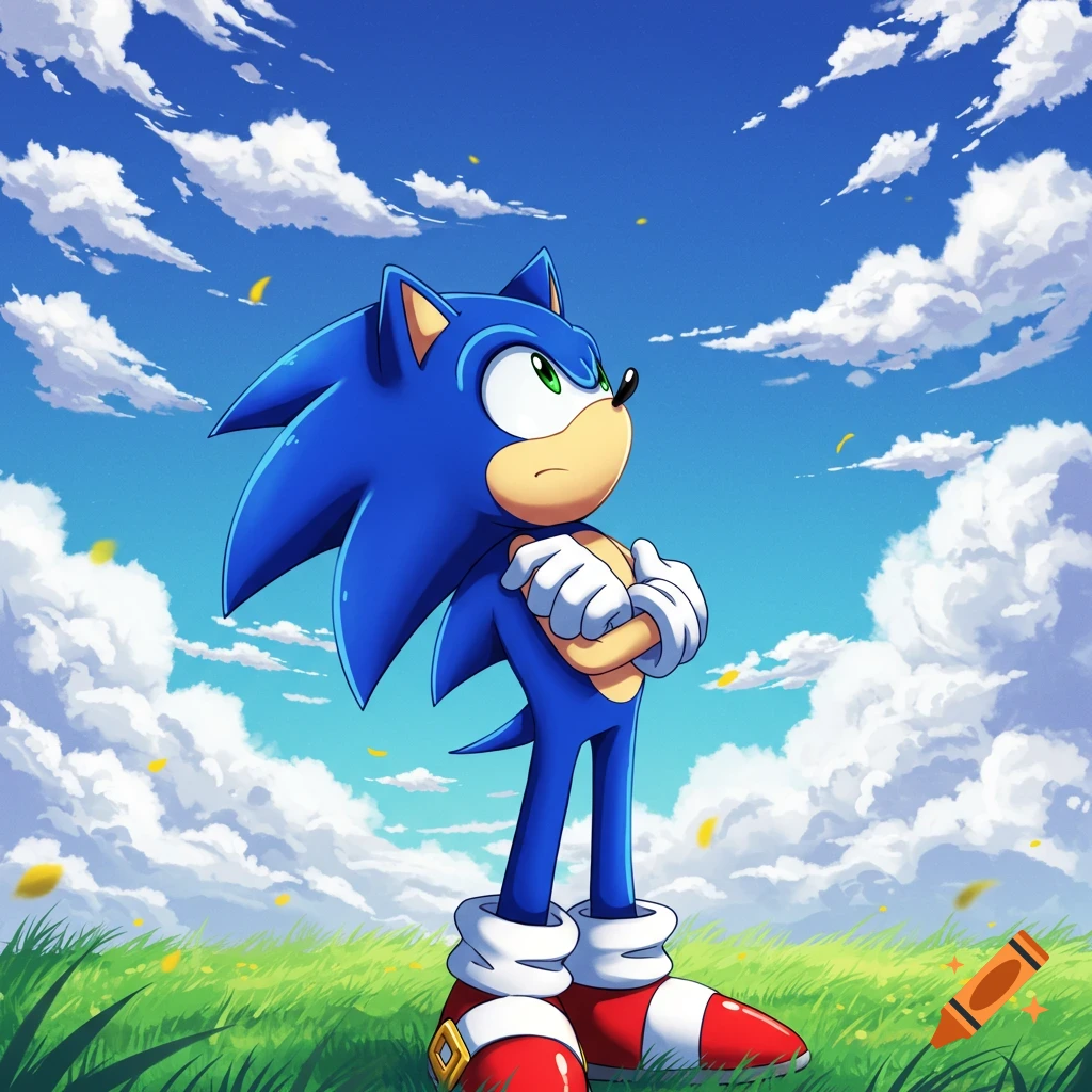 Sonic the Hedgehog stands in a grassy field, arms folded, looking up at the sky in an anime style illustration.