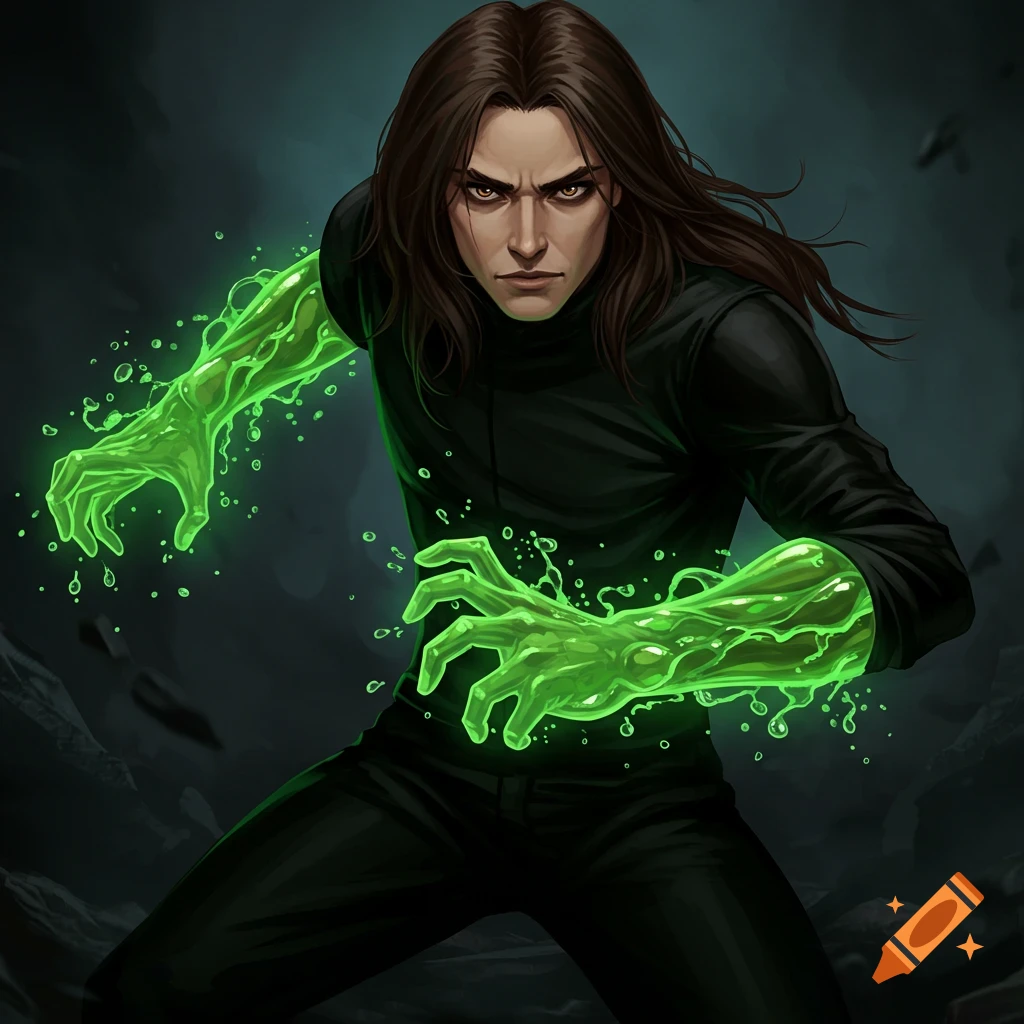 A fantasy hero with glowing green energy on their hands, dark hair, wearing black.