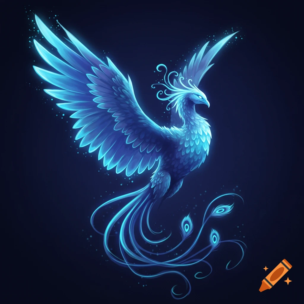 A glowing blue phoenix flying.