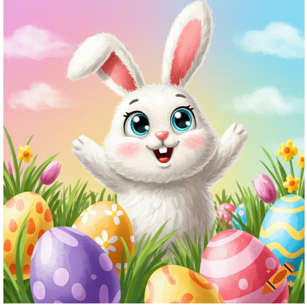 Cartoon illustration of a happy white bunny in a grassy field surrounded by colorful Easter eggs and flowers under a pastel sky.