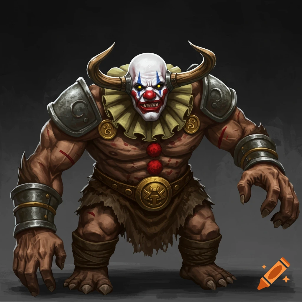 A large, muscular fantasy creature with clown makeup, horns, armor, and fur skirt