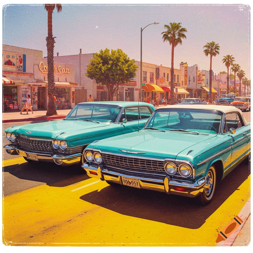 Two classic teal cars, a Cadillac and an Impala, on a street in a retro scene.