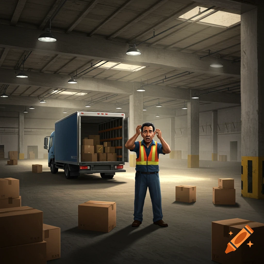Image of a warehouse worker looking confused among boxes and a truck.