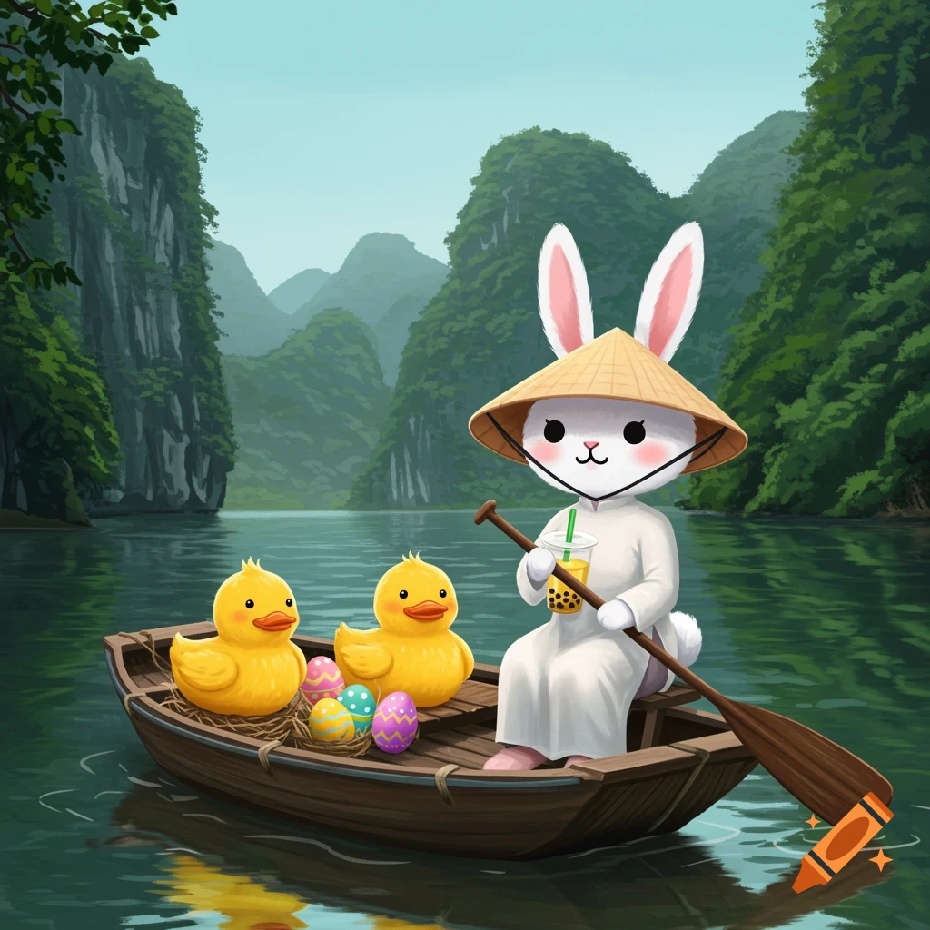 Anime bunny in conical hat in a boat with ducks and Easter eggs on a river with mountains.
