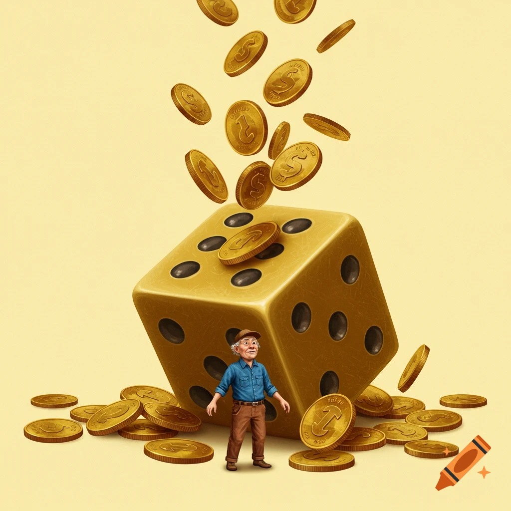 A small man stands before a large golden die with gold coins falling around him.