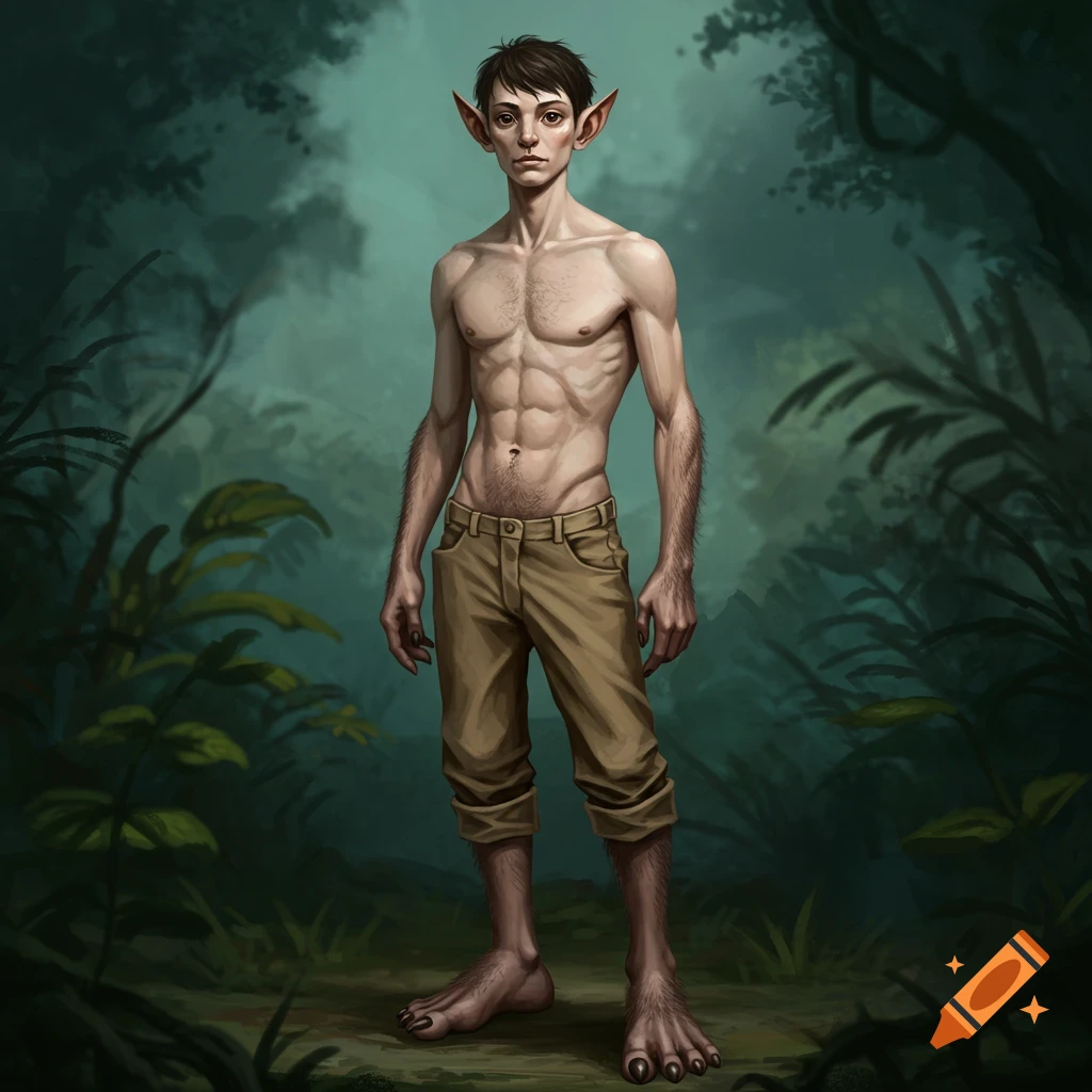 A young man-like fantasy creature with large ears, hairy body, prehensile feet, shirtless in tan pants, standing in a forest.